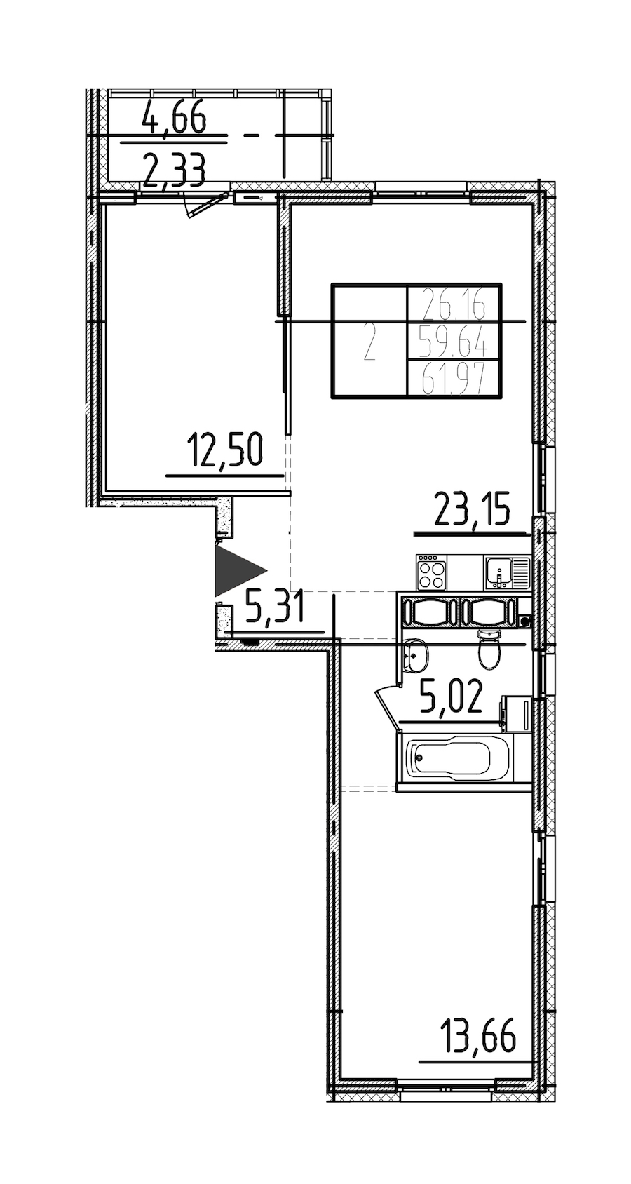2-комнатная квартира 61.97 м², 19/26 эт., ЖК «Simple»
