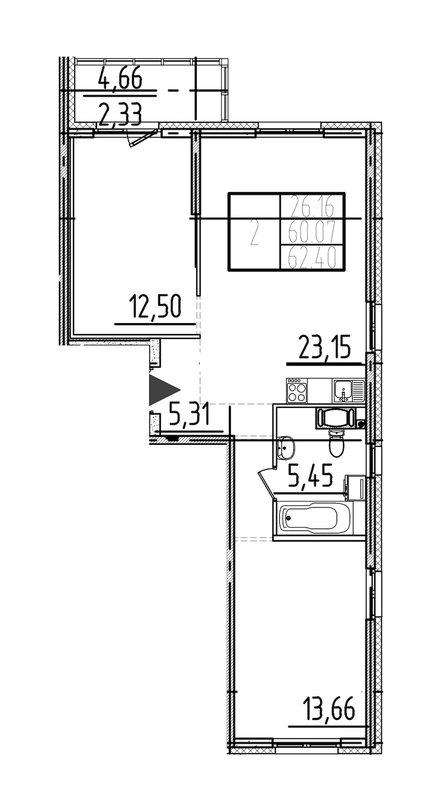 2-комнатная квартира 62.4 м², 7/26 эт., ЖК «Simple»