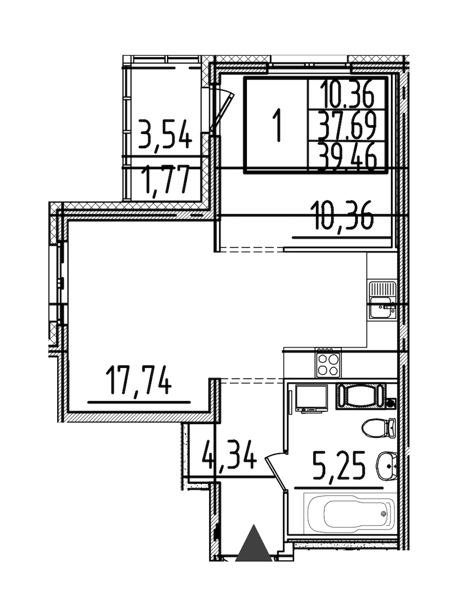 1-комнатная квартира 39.46 м², 10/26 эт., ЖК «Simple»