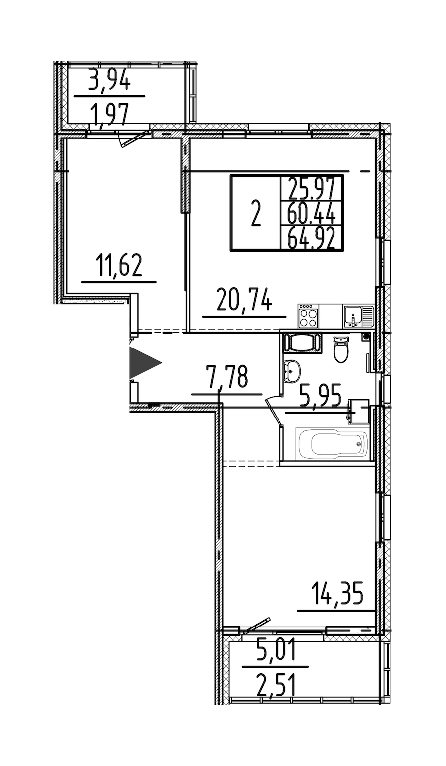 2-комнатная квартира 64.92 м², 3/26 эт., ЖК «Simple»