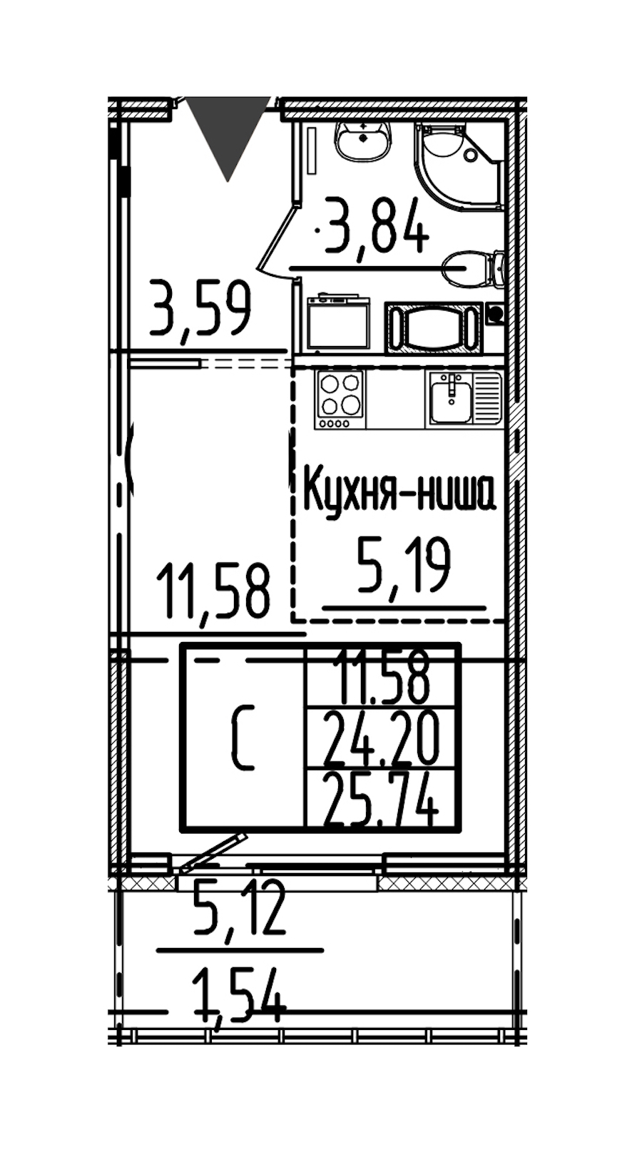 Квартира студия 25.74 м², 13/26 эт., ЖК «Simple»