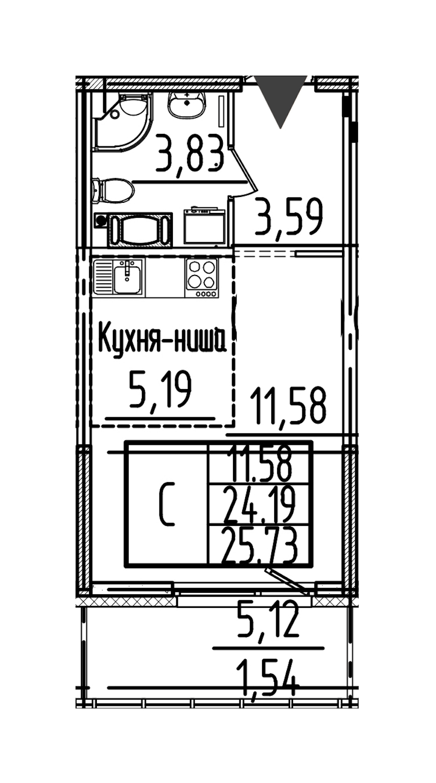 Квартира студия 25.73 м², 3/26 эт., ЖК «Simple»