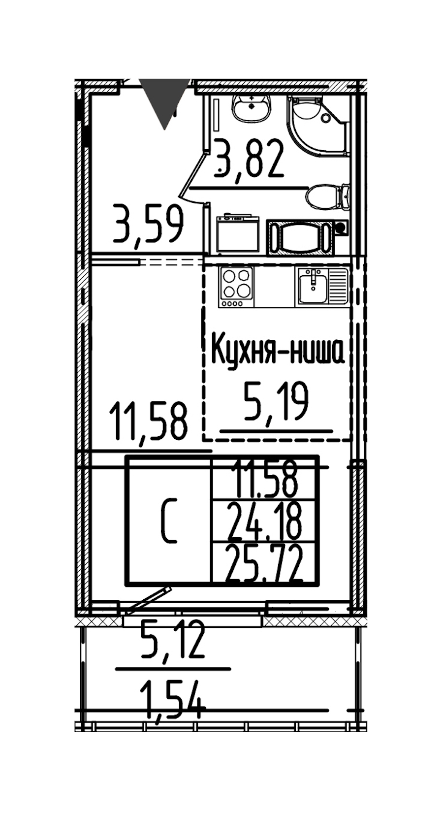 Квартира студия 25.72 м², 16/26 эт., ЖК «Simple»
