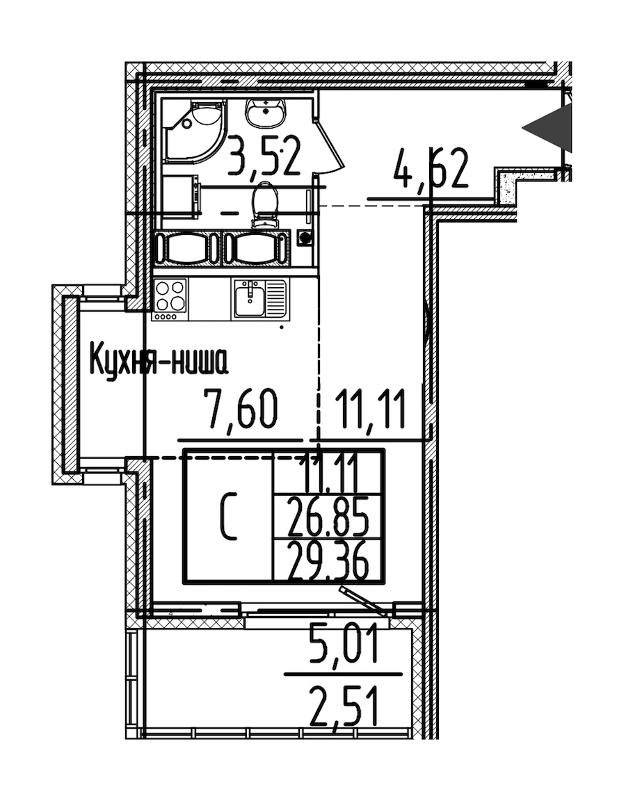 Квартира студия 29.36 м², 24/26 эт., ЖК «Simple»