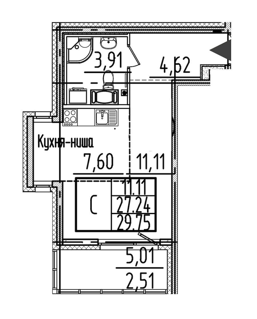 Квартира студия 29.75 м², 16/26 эт., ЖК «Simple»