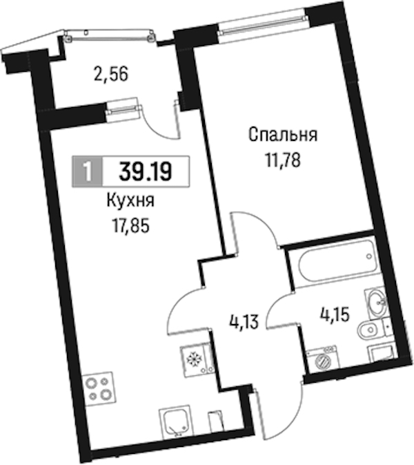 1-комнатная квартира 39.19 м², 2/18 эт., ЖК «Авиатор»