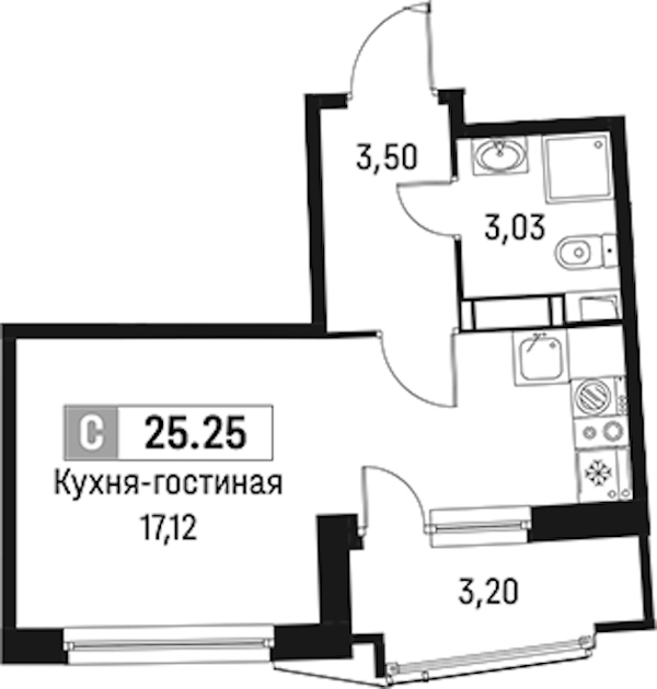 Квартира студия 25.25 м², 8/18 эт., ЖК «Авиатор»