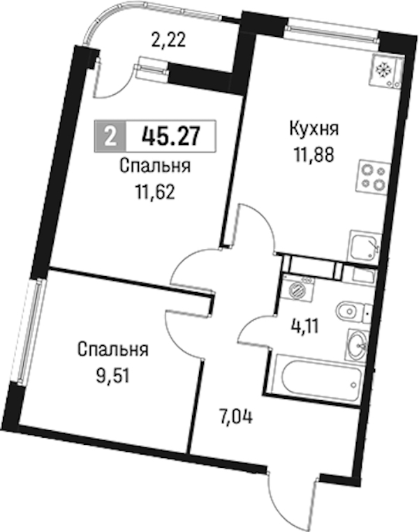 2-комнатная квартира 45.27 м², 9/18 эт., ЖК «Авиатор»