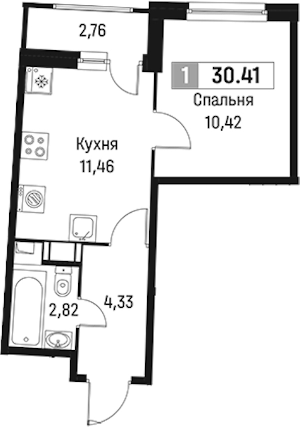 1-комнатная квартира 30.41 м², 9/18 эт., ЖК «Авиатор»
