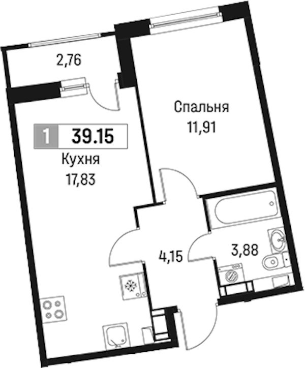 1-комнатная квартира 39.15 м², 9/18 эт., ЖК «Авиатор»