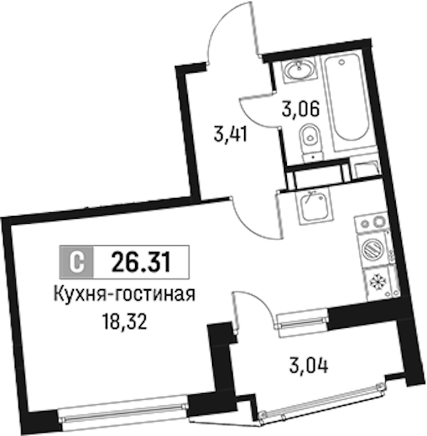 Квартира студия 26.31 м², 9/18 эт., ЖК «Авиатор»