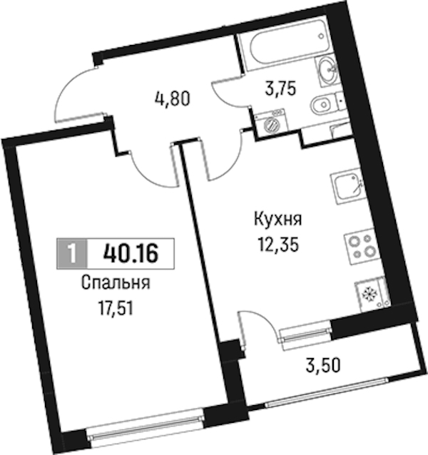 1-комнатная квартира 40.16 м², 2/18 эт., ЖК «Авиатор»