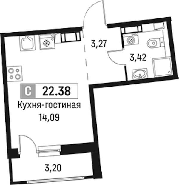 Квартира студия 22.38 м², 10/18 эт., ЖК «Авиатор»
