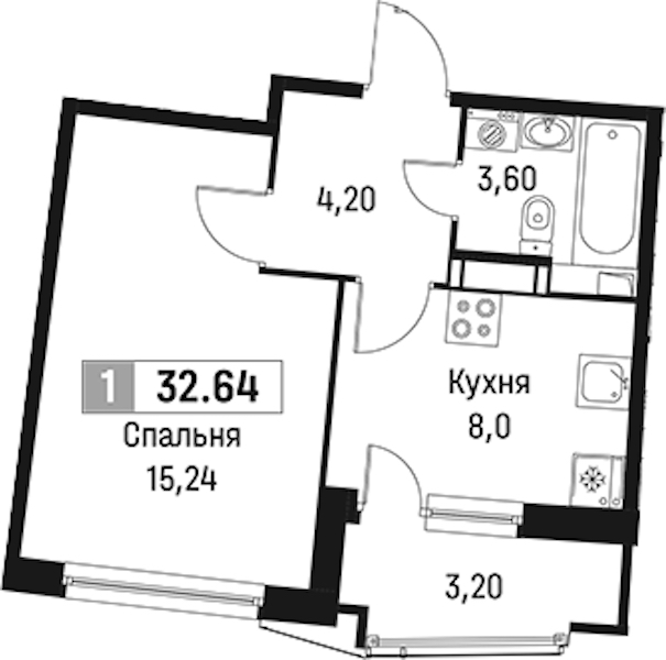 1-комнатная квартира 32.64 м², 11/18 эт., ЖК «Авиатор»