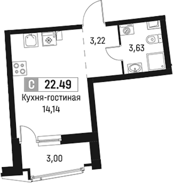 Квартира студия 22.49 м², 2/18 эт., ЖК «Авиатор»