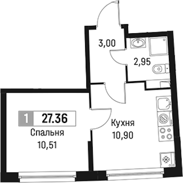 1-комнатная квартира 27.36 м², 2/18 эт., ЖК «Авиатор»