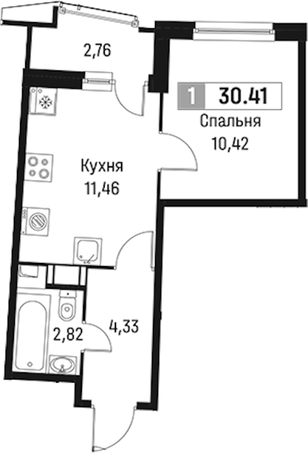 1-комнатная квартира 30.41 м², 12/18 эт., ЖК «Авиатор»