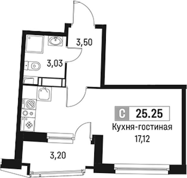 Квартира студия 25.25 м², 3/18 эт., ЖК «Авиатор»