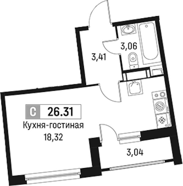 Квартира студия 26.31 м², 12/18 эт., ЖК «Авиатор»