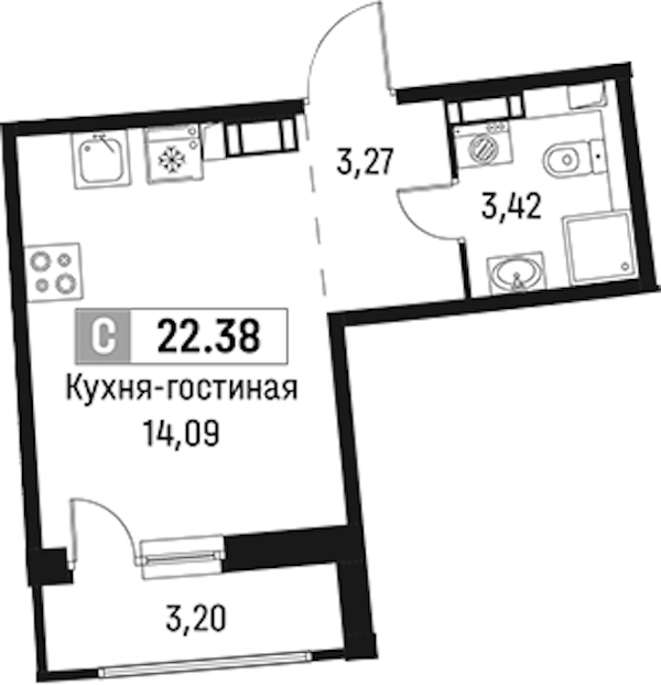 Квартира студия 22.38 м², 12/18 эт., ЖК «Авиатор»