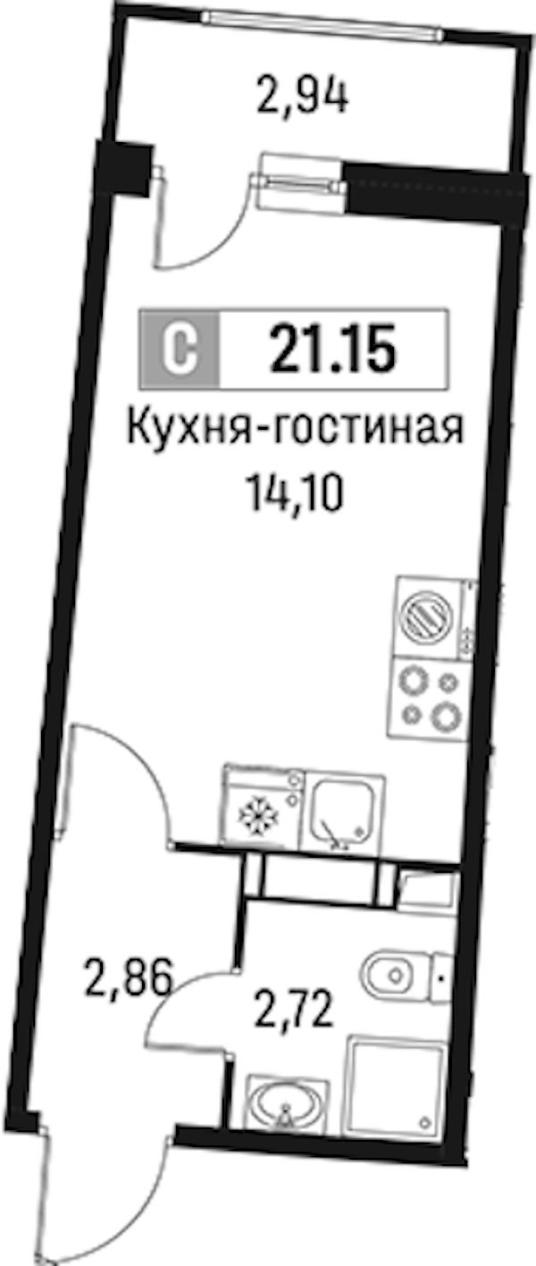 Квартира студия 21.15 м², 13/18 эт., ЖК «Авиатор»