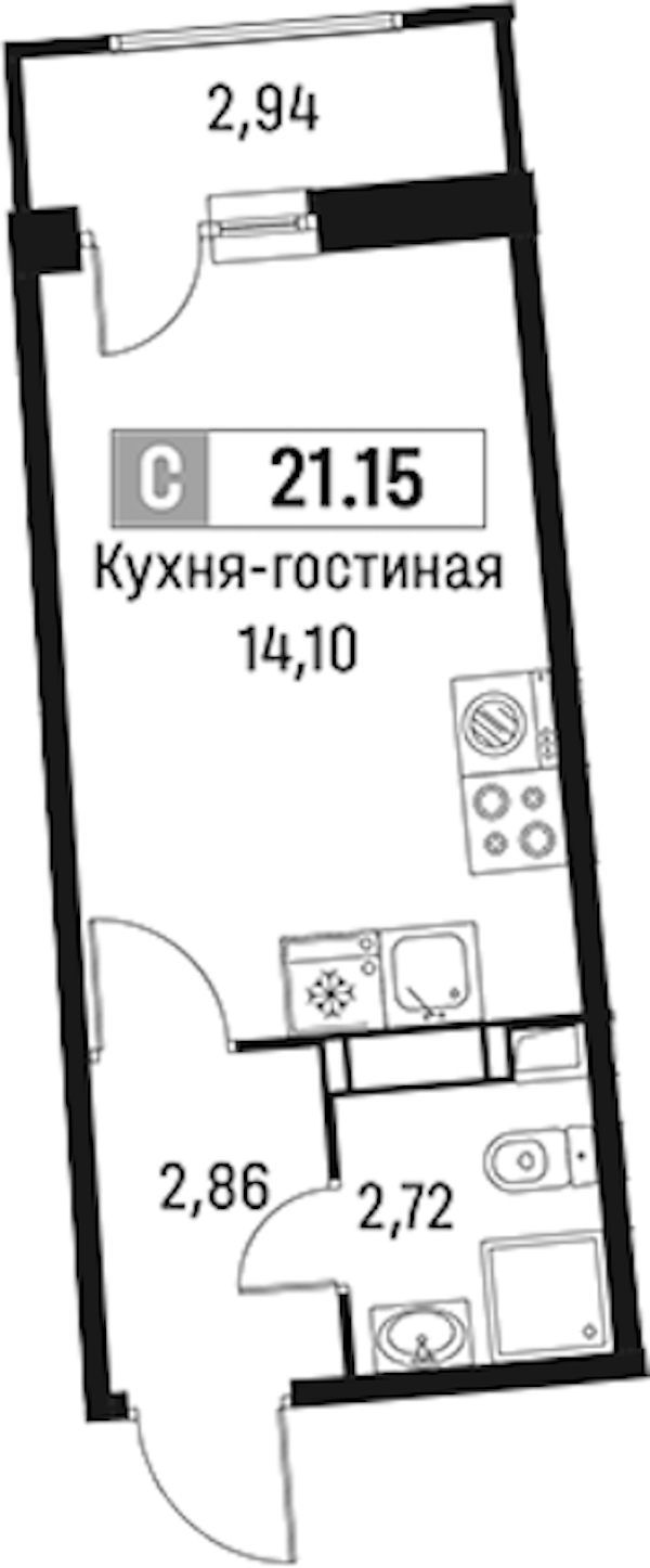 Квартира студия 21.15 м², 13/18 эт., ЖК «Авиатор»