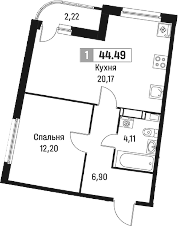1-комнатная квартира 44.49 м², 3/18 эт., ЖК «Авиатор»