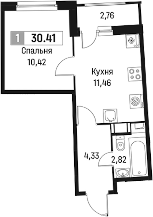 1-комнатная квартира 30.41 м², 14/18 эт., ЖК «Авиатор»
