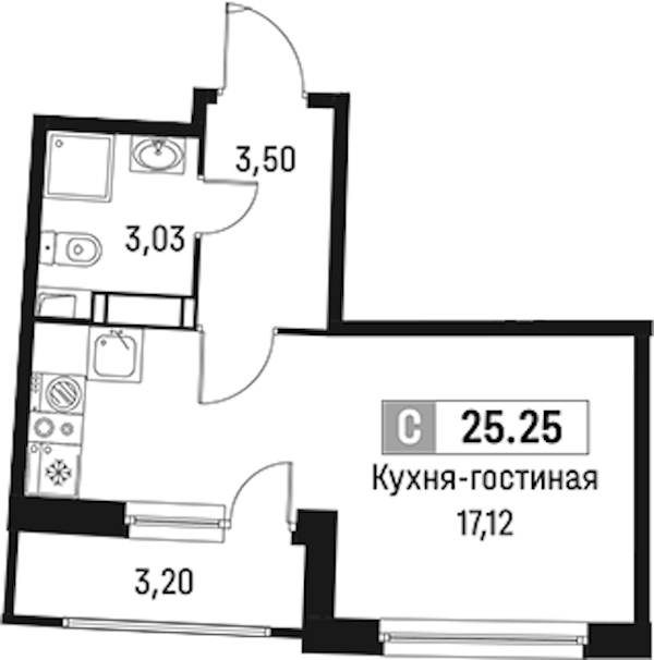 Квартира студия 25.25 м², 15/18 эт., ЖК «Авиатор»