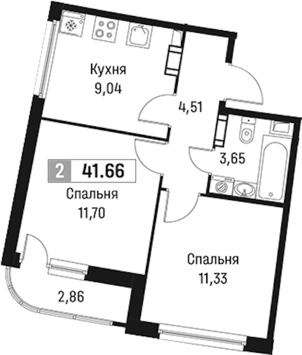 2-комнатная квартира 41.66 м², 15/18 эт., ЖК «Авиатор»