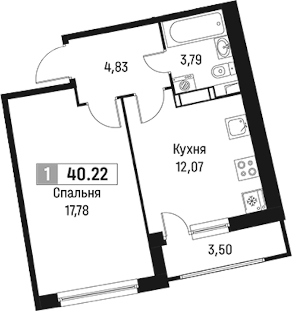 1-комнатная квартира 40.22 м², 16/18 эт., ЖК «Авиатор»
