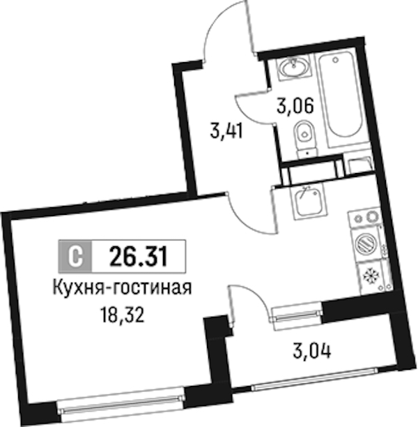 Квартира студия 26.31 м², 16/18 эт., ЖК «Авиатор»