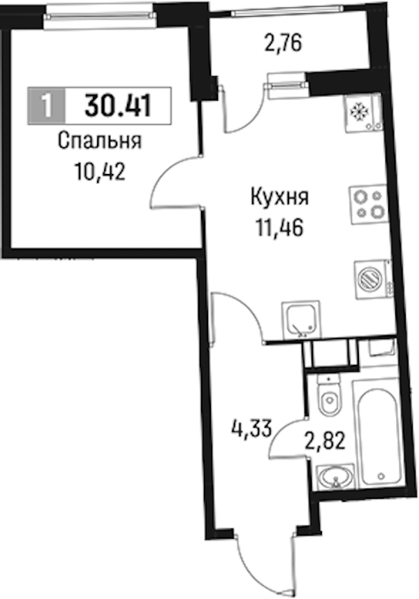 1-комнатная квартира 30.41 м², 3/18 эт., ЖК «Авиатор»