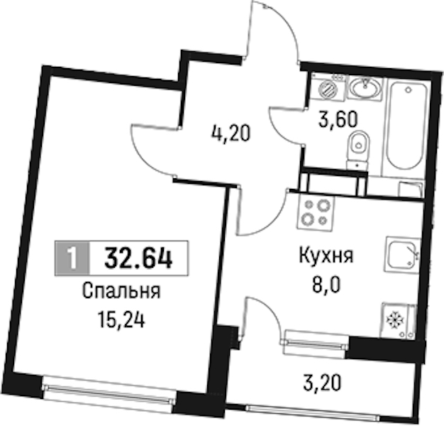 1-комнатная квартира 32.64 м², 17/18 эт., ЖК «Авиатор»