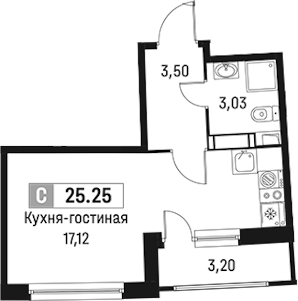 Квартира студия 25.25 м², 17/18 эт., ЖК «Авиатор»
