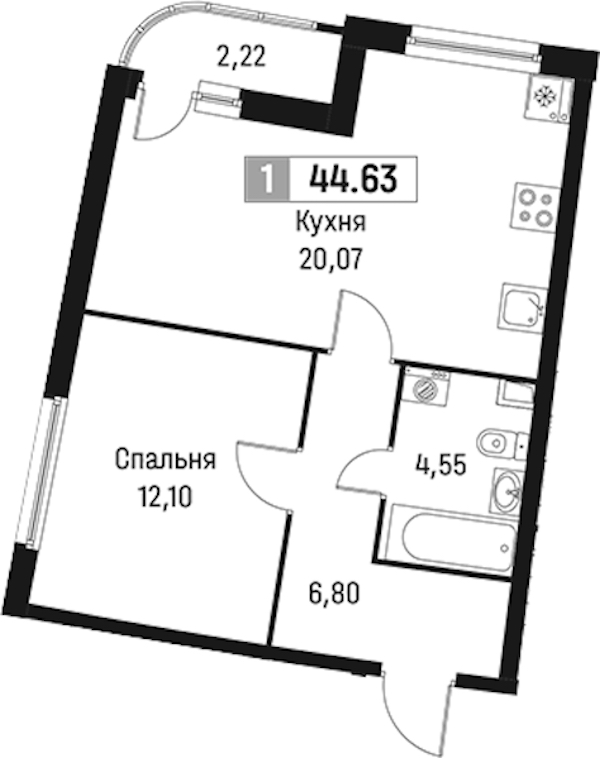 1-комнатная квартира 44.63 м², 2/18 эт., ЖК «Авиатор»