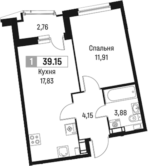 1-комнатная квартира 39.15 м², 4/18 эт., ЖК «Авиатор»