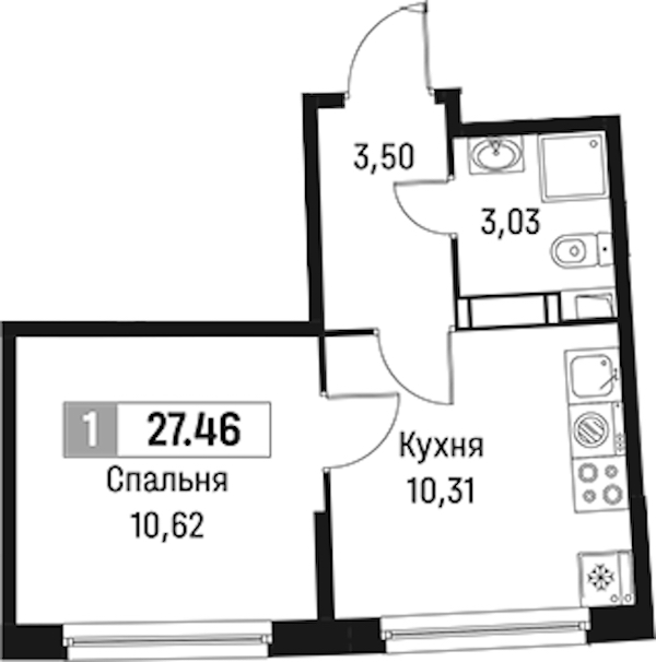 1-комнатная квартира 27.46 м², 4/18 эт., ЖК «Авиатор»