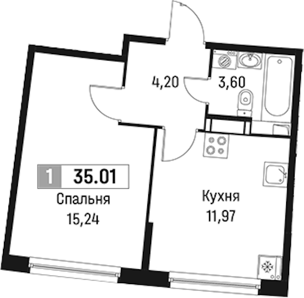 1-комнатная квартира 35.01 м², 5/18 эт., ЖК «Авиатор»
