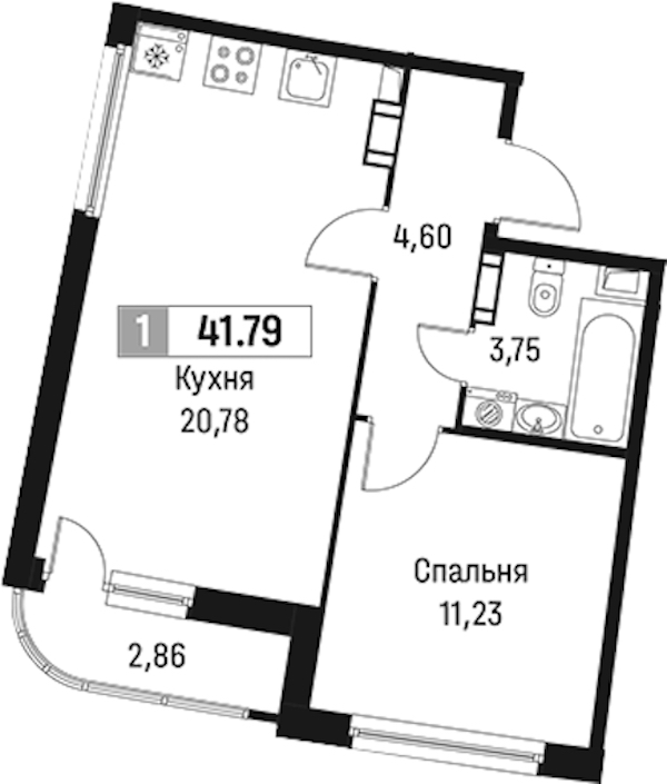 1-комнатная квартира 41.79 м², 5/18 эт., ЖК «Авиатор»