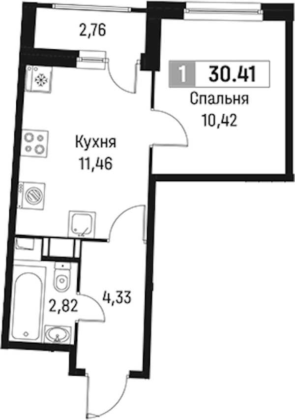 1-комнатная квартира 30.41 м², 5/18 эт., ЖК «Авиатор»