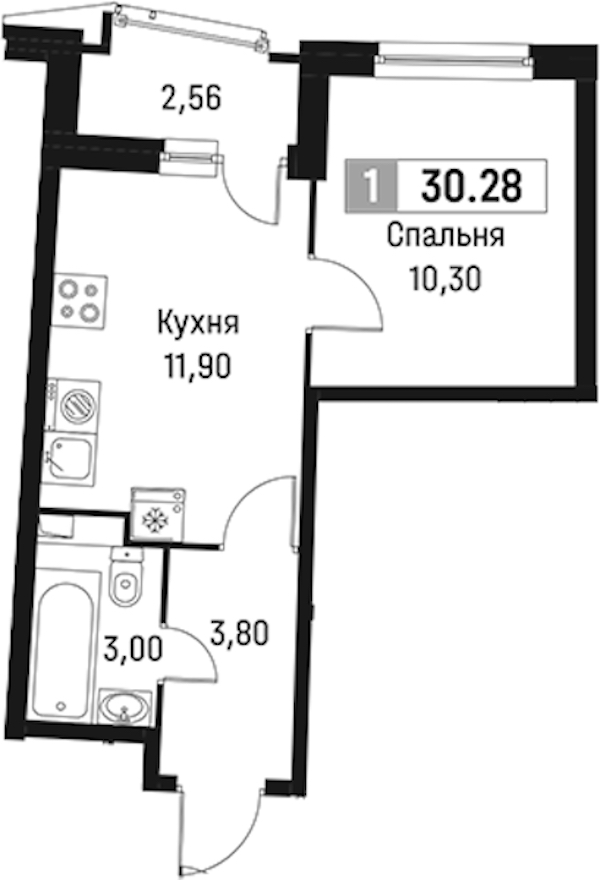 1-комнатная квартира 30.28 м², 2/18 эт., ЖК «Авиатор»