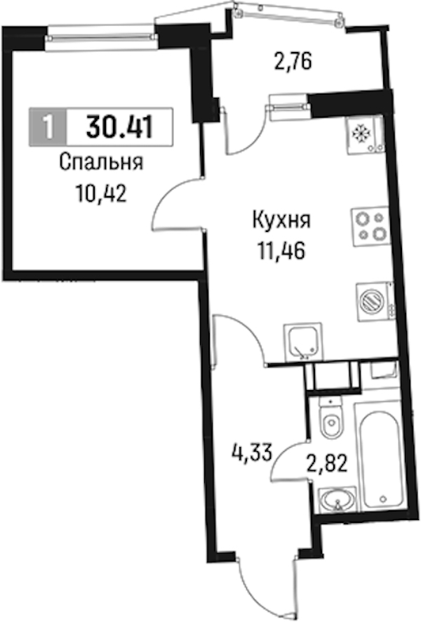 1-комнатная квартира 30.41 м², 6/18 эт., ЖК «Авиатор»