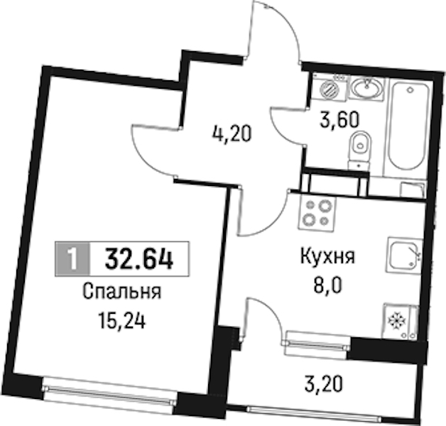 1-комнатная квартира 32.64 м², 8/18 эт., ЖК «Авиатор»