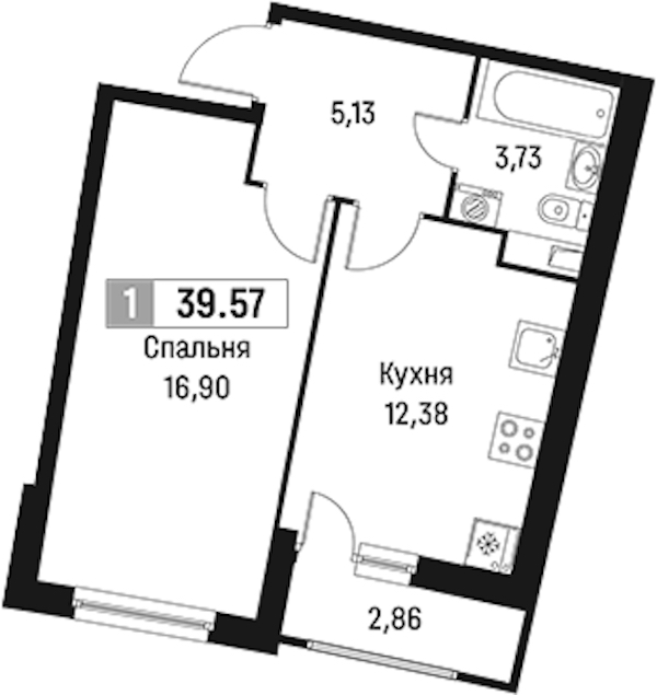 1-комнатная квартира 39.57 м², 2/18 эт., ЖК «Авиатор»