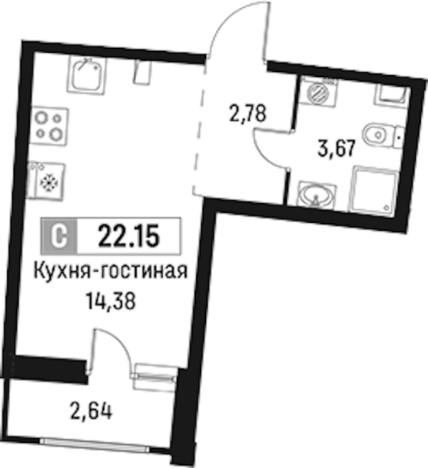 Квартира студия 22.15 м², 2/18 эт., ЖК «Авиатор»