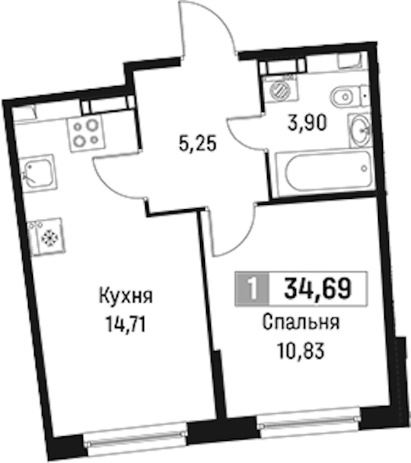 1-комнатная квартира 34.69 м², 3/18 эт., ЖК «Авиатор»