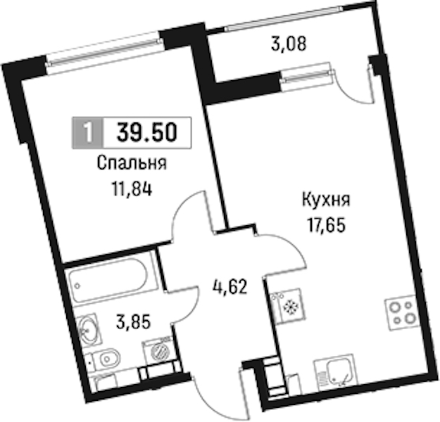 1-комнатная квартира 39.5 м², 3/18 эт., ЖК «Авиатор»