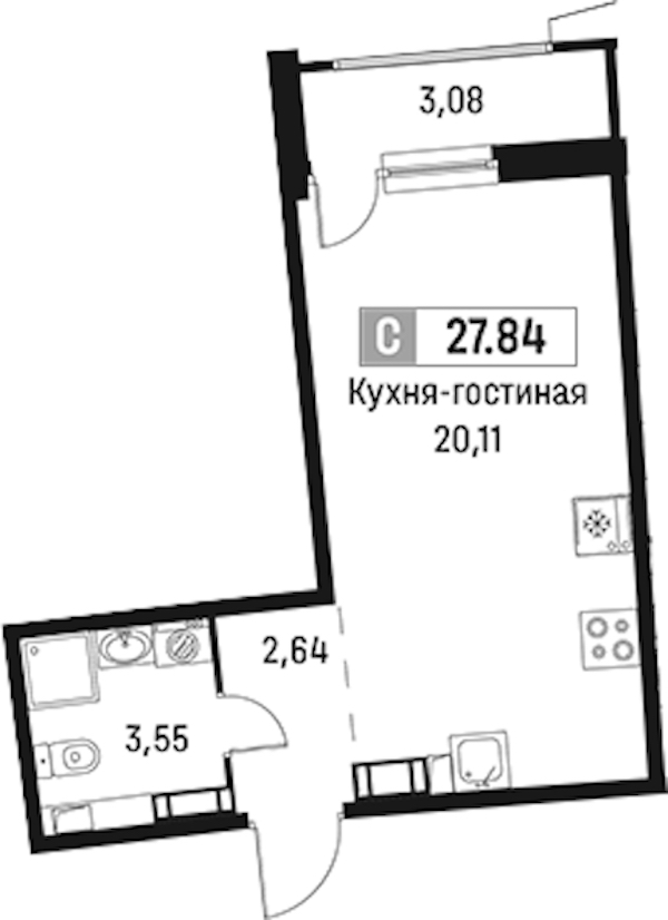 Квартира студия 27.84 м², 3/18 эт., ЖК «Авиатор»