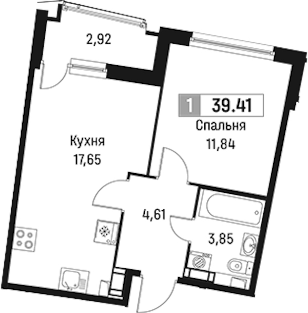 1-комнатная квартира 39.41 м², 3/18 эт., ЖК «Авиатор»